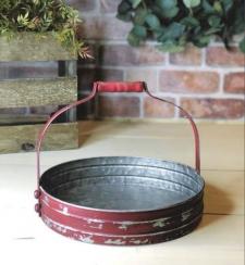 Red Distressed Metal Tray with Handle .