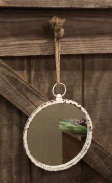 Cream Distressed Frame Round Mirror with Rope Hanger Lg. 