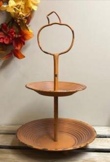 Orange Two Tier Tray With Pumpkin Handle    