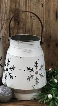 White Distressed Snowflake Laser Cut Lantern Small .