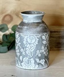 White Embossed Flowers Milk Can .