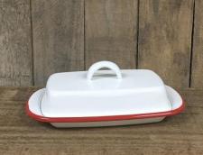 Red Rim Enamelware Butter Dish Flat Top 