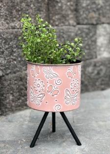 Pink Floral Planter On Stand .