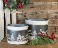 Gray Deer/Trees Embossed Buckets w/Ring Handles (set of 2)