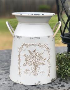 Flower Embossed Cream Distressed Milk Can .