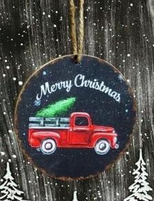 Merry Christmas Truck Round Ornament .