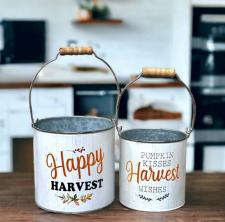 White Distressed Happy Harvest Buckets (Set of 2)