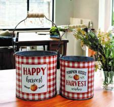 Orange Buffalo Check Happy Harvest Buckets (Set of 2)